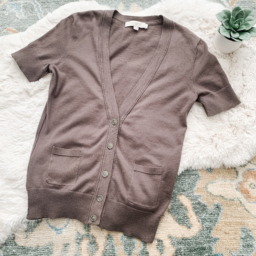 Loft Brown Button Up Short Sleeved Cardigan- Size small